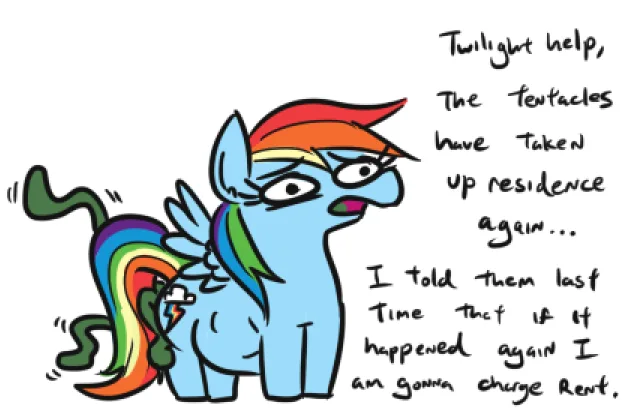 A cartoon pony with a rainbow mane and tail, resembling Rainbow Dash from My Little Pony, is shown with green tentacles…