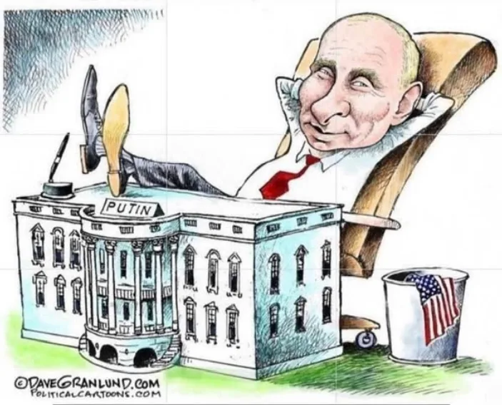 A cartoon depicts Vladimir Putin reclining in a large chair with his feet propped up on a building labeled 'PUTIN', which is…