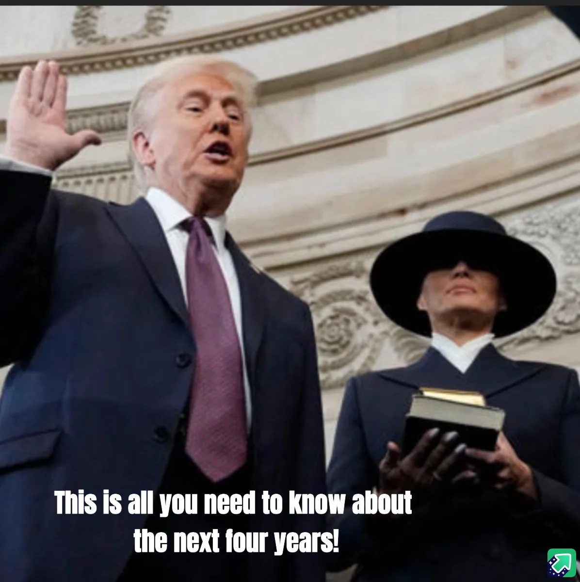 A photo of Donald Trump raising his right hand while taking the oath of office, with Melania Trump standing beside him…