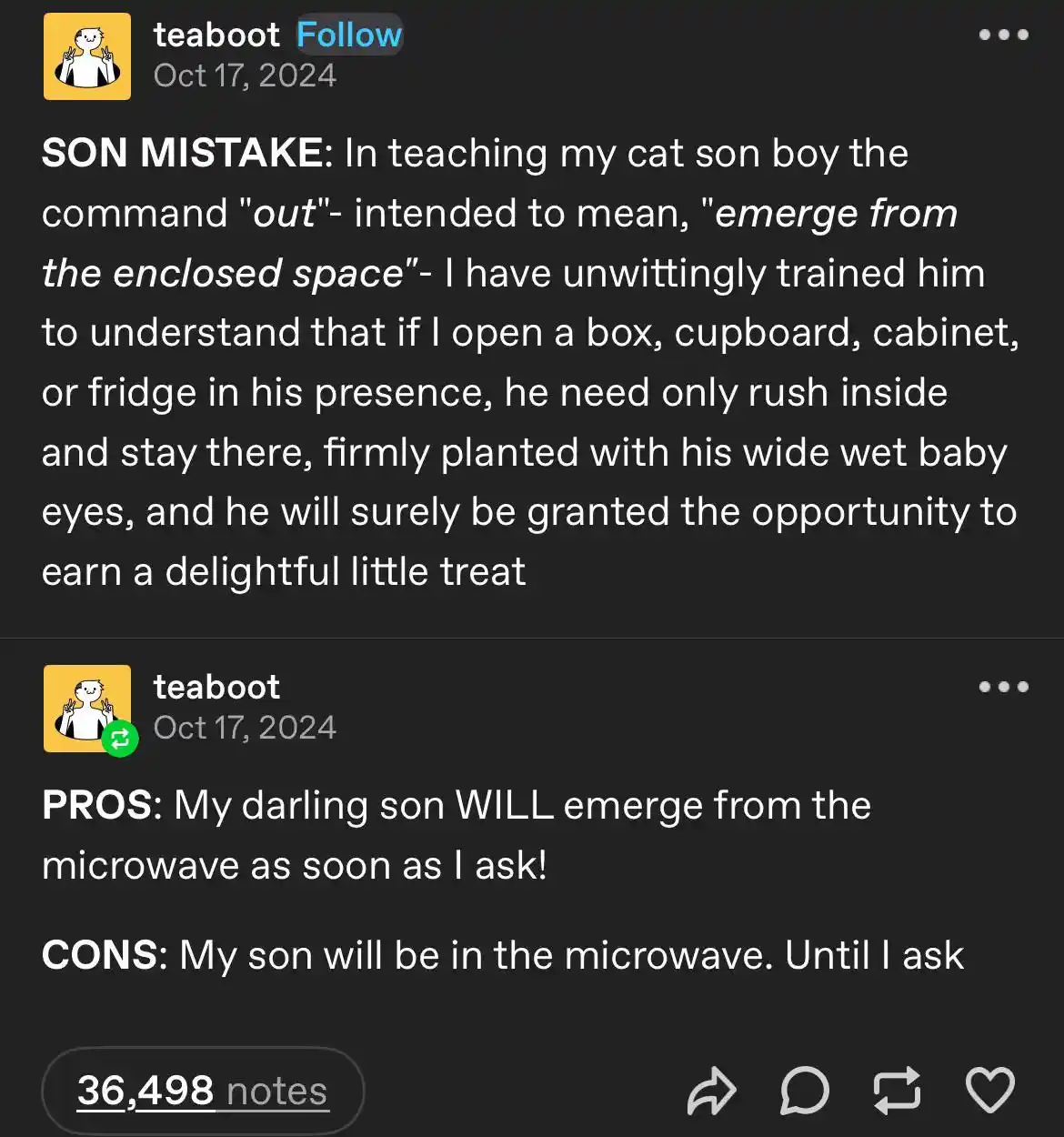 The image displays two text posts from a social media account named 'teaboot' dated October 17, 2024. The first post, titled…