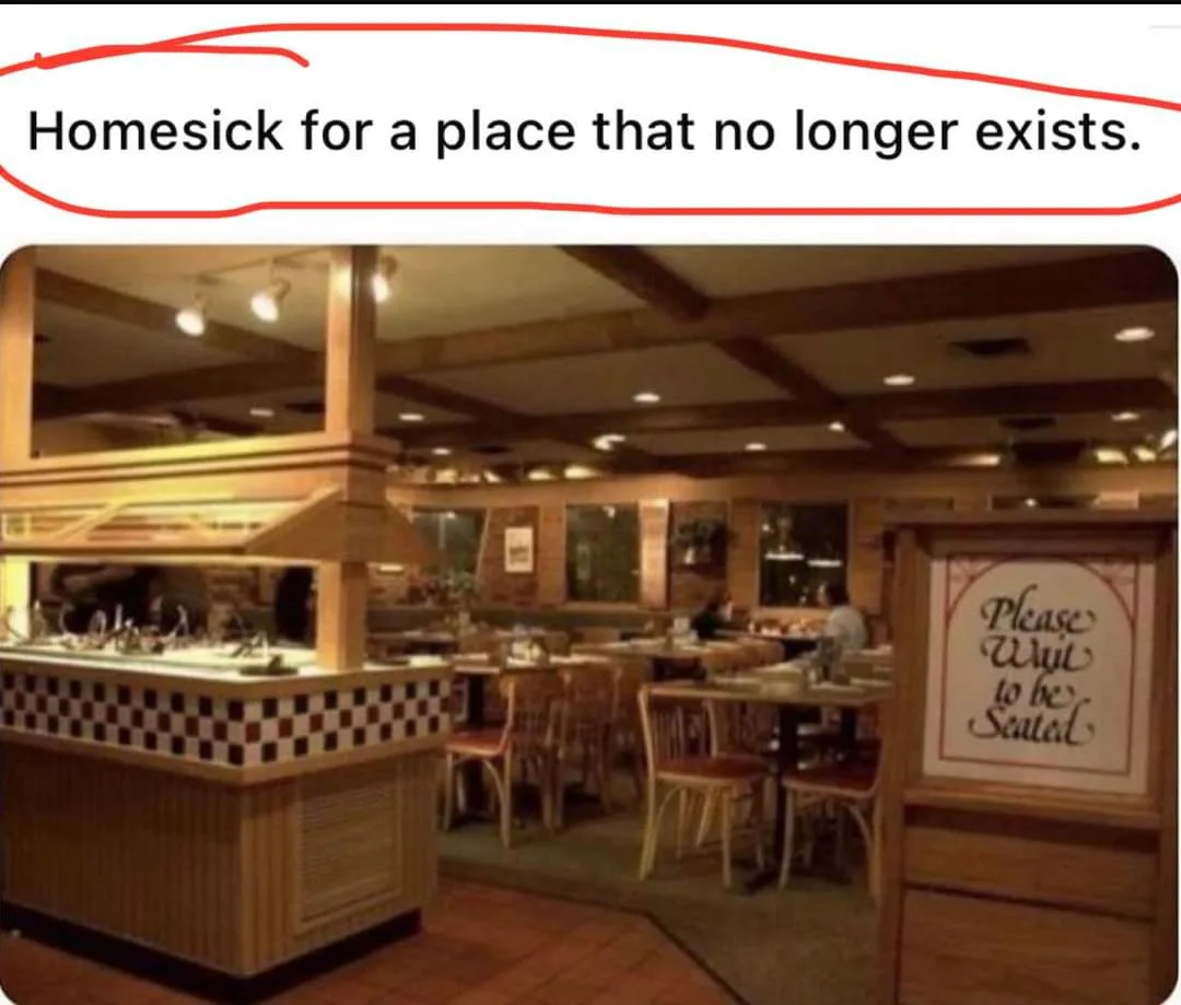 The image shows the interior of a retro-style restaurant with wooden beams, checkered tile accents, and a buffet counter. A…