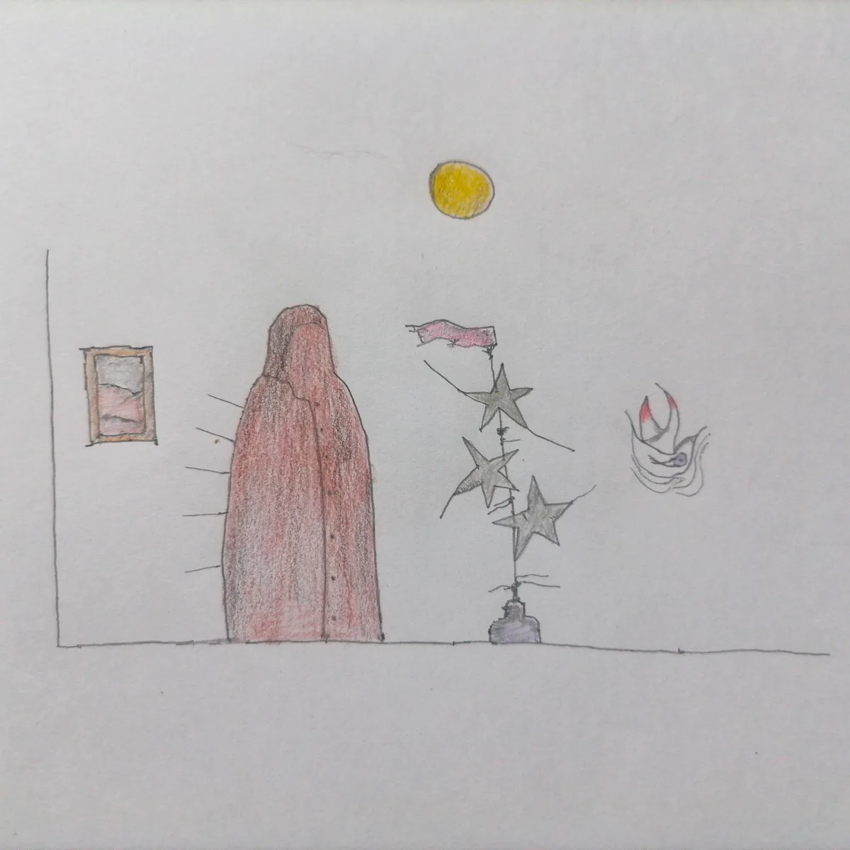 A child's crayon drawing shows a tall, pink-robed figure standing beside a simple, three-star Christmas tree with a pink…