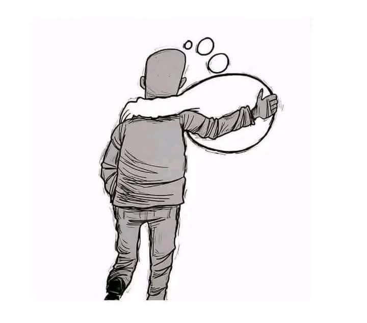 A black-and-white sketch shows a bald man viewed from behind, walking away while holding a large, circular rope looped…