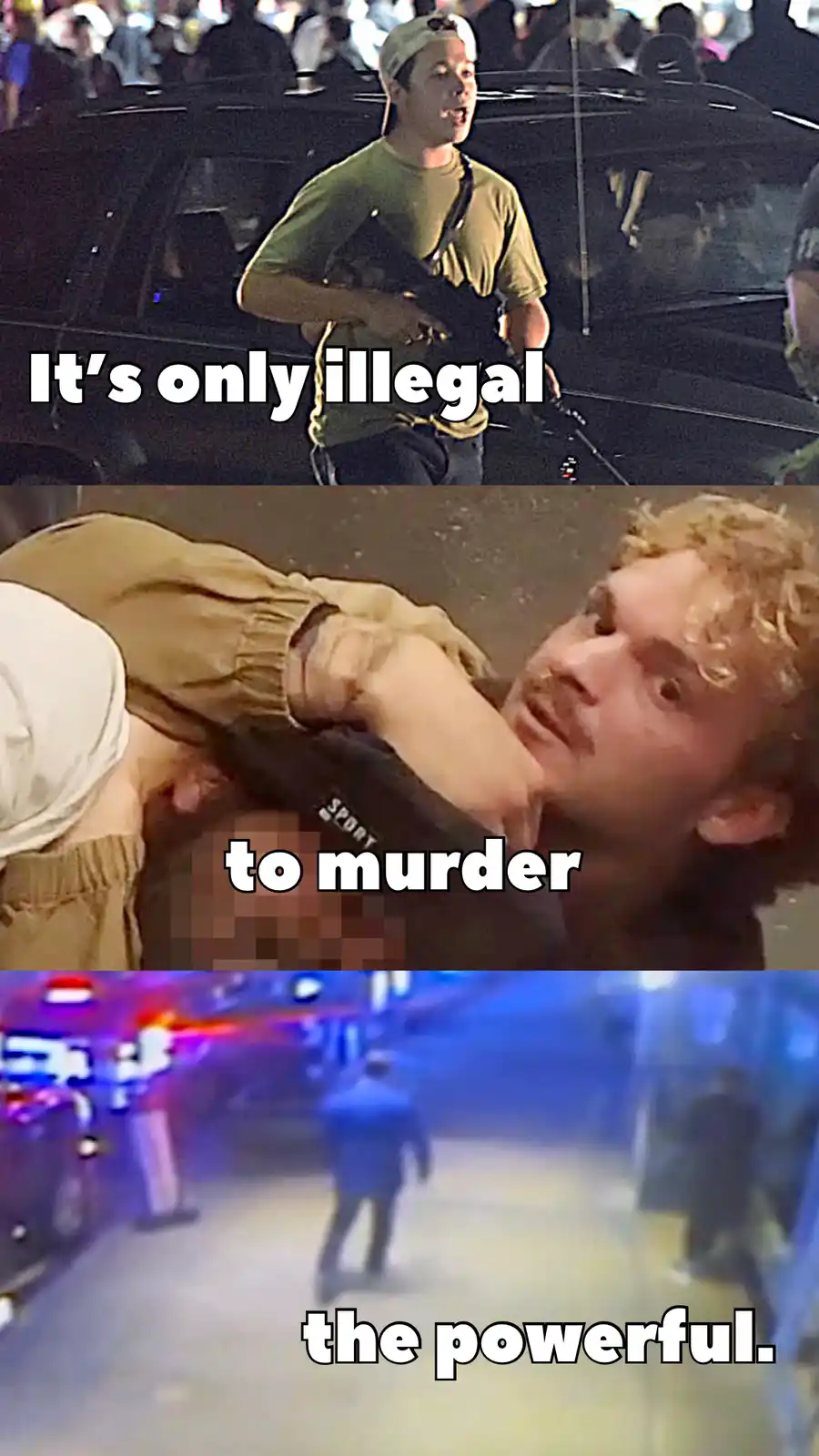 The meme is a three-panel image collage. The top panel shows a man in a green shirt holding a rifle at night with the text…