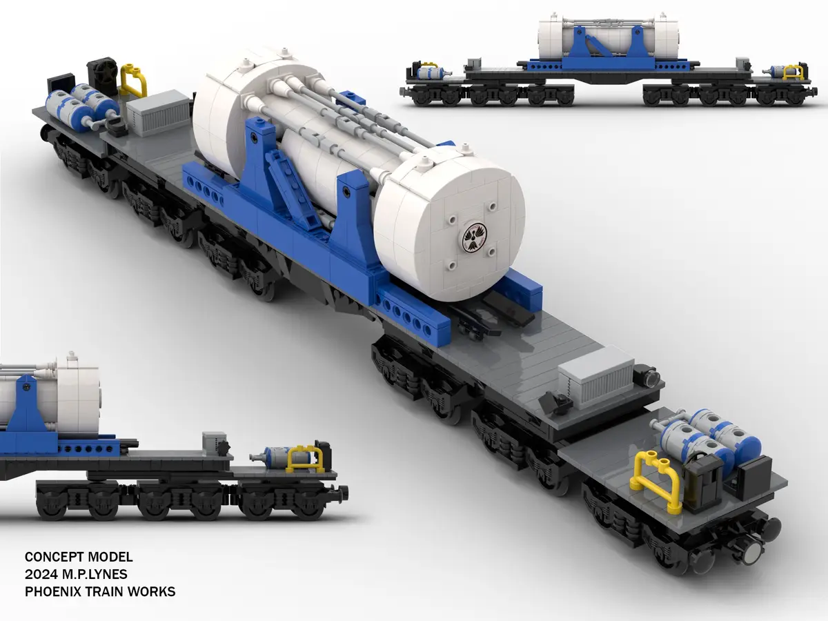 A detailed LEGO model of a futuristic train car transporting a large white cylindrical object with pipes, displayed from…