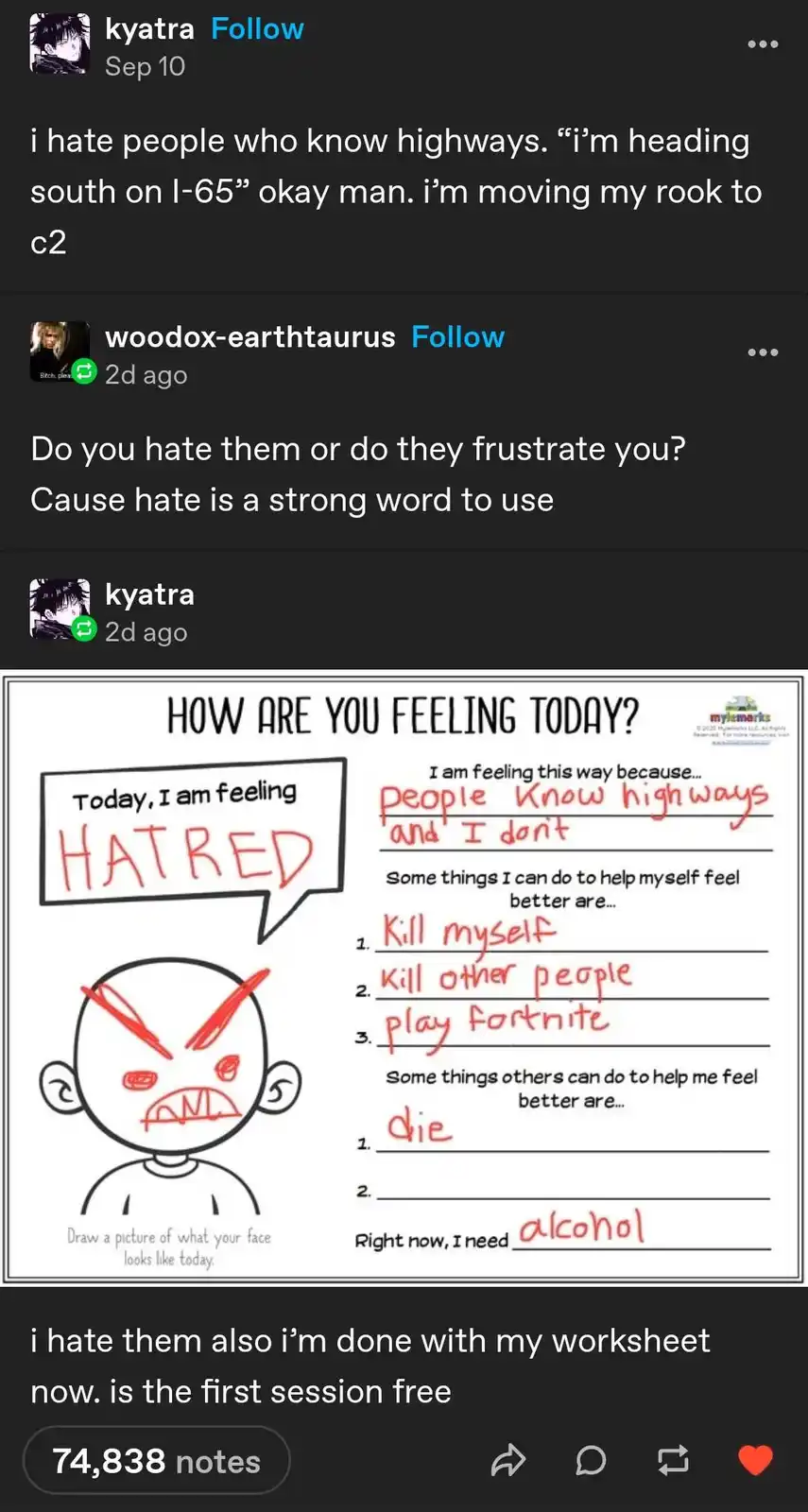 A worksheet titled 'HOW ARE YOU FEELING TODAY?' is filled out in red ink by a cartoon character with an angry face. The…