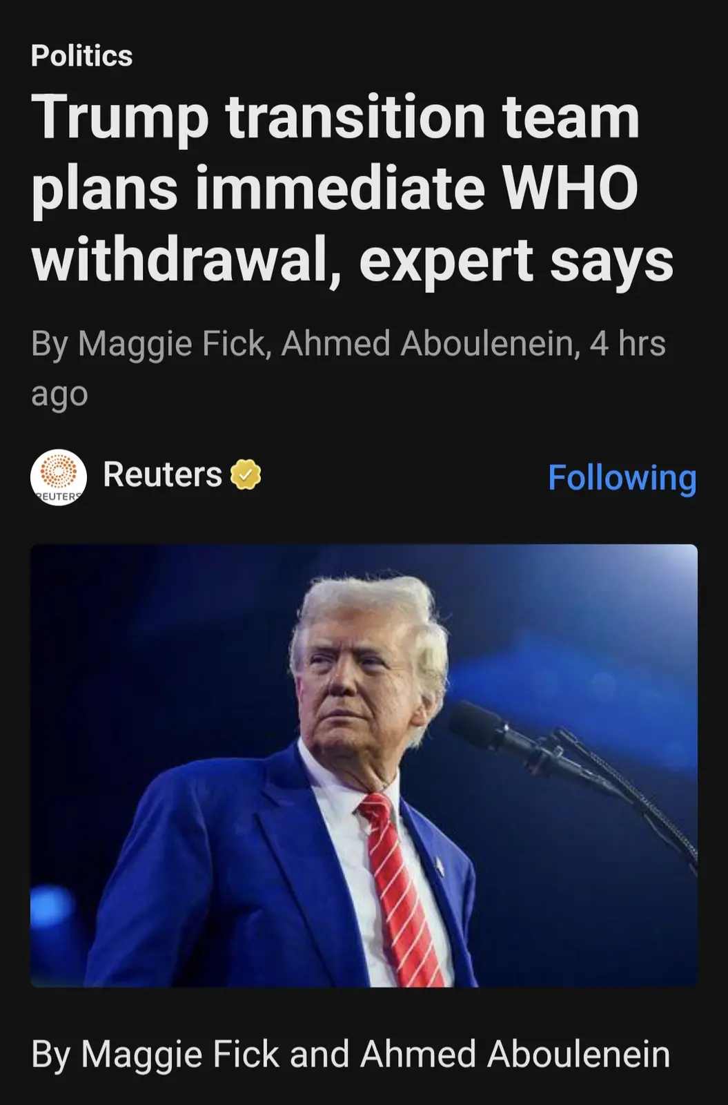 A screenshot of a Reuters news article headline about the Trump transition team planning an immediate withdrawal from the…