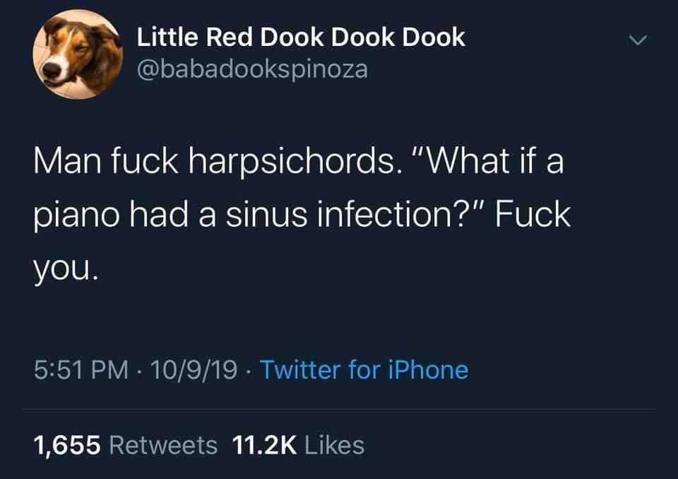 A screenshot of a Twitter post from user 'Little Red Dook Dook Dook' (@babadookspinoza) with a dog profile picture. The…