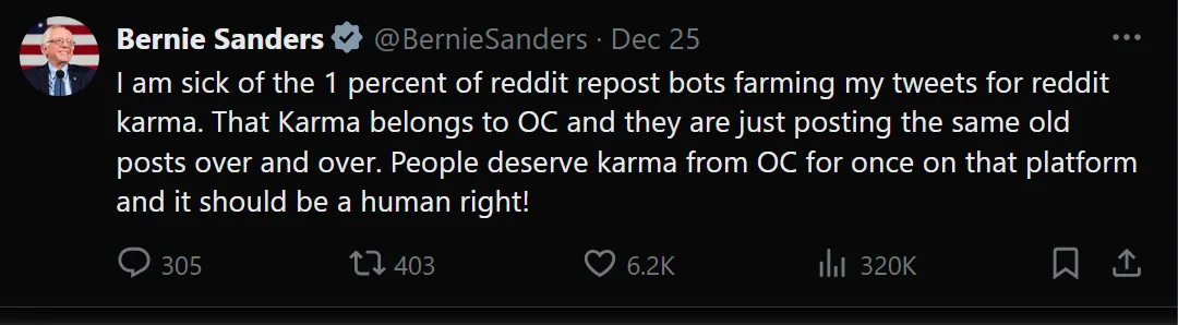 A screenshot of a tweet from Bernie Sanders' verified Twitter account dated Dec 25. The tweet expresses frustration about '1…