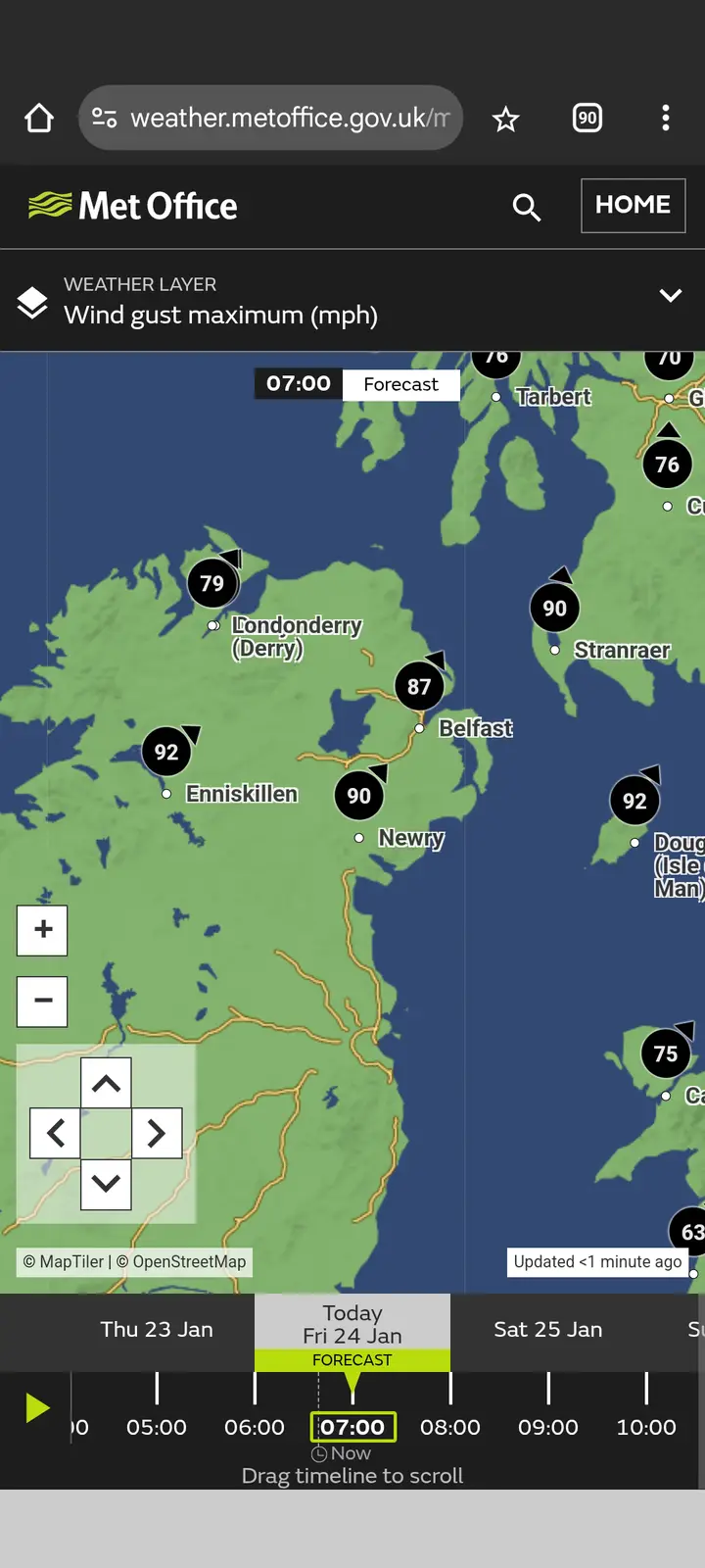 A screenshot of the UK Met Office weather website showing a map of Northern Ireland with wind gusts forecasted at 92 mph in…