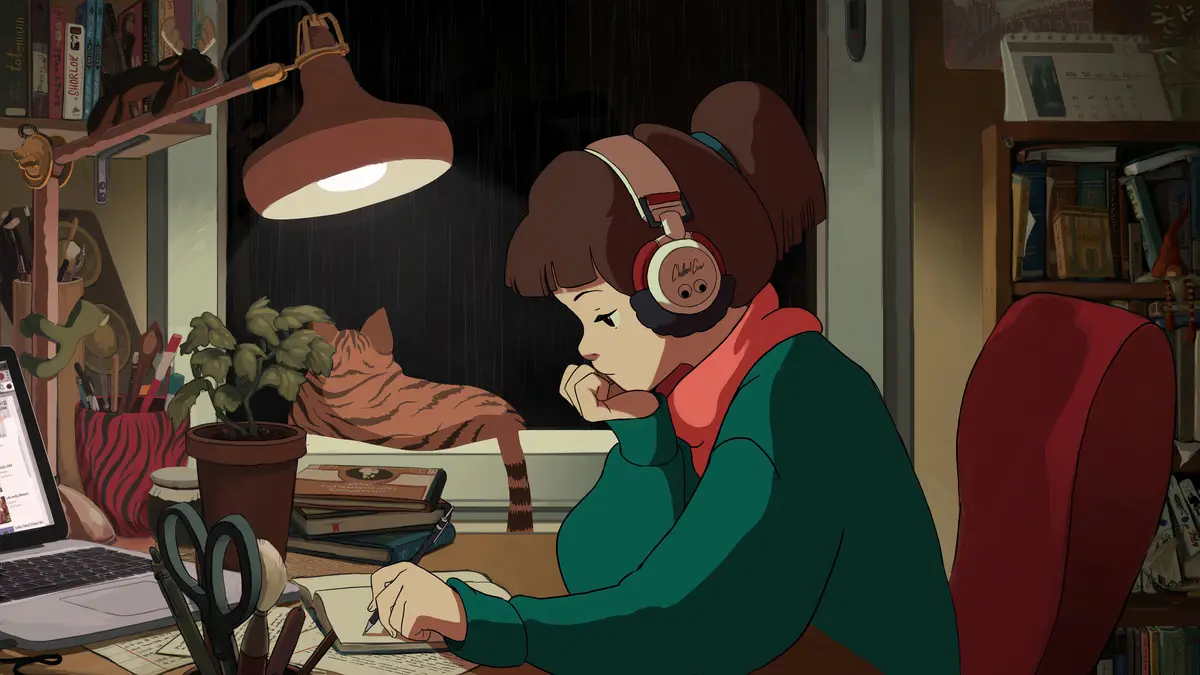 An anime-style illustration shows a young woman with brown hair in a green sweater and red scarf, wearing headphones with a…