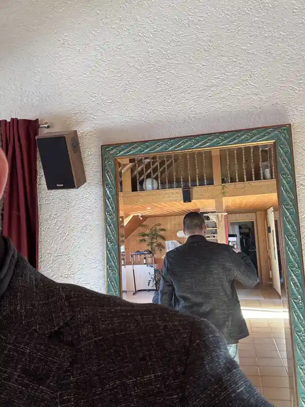 A person in a dark jacket is seen from behind, holding a phone to take a selfie in a large ornate mirror. The mirror…