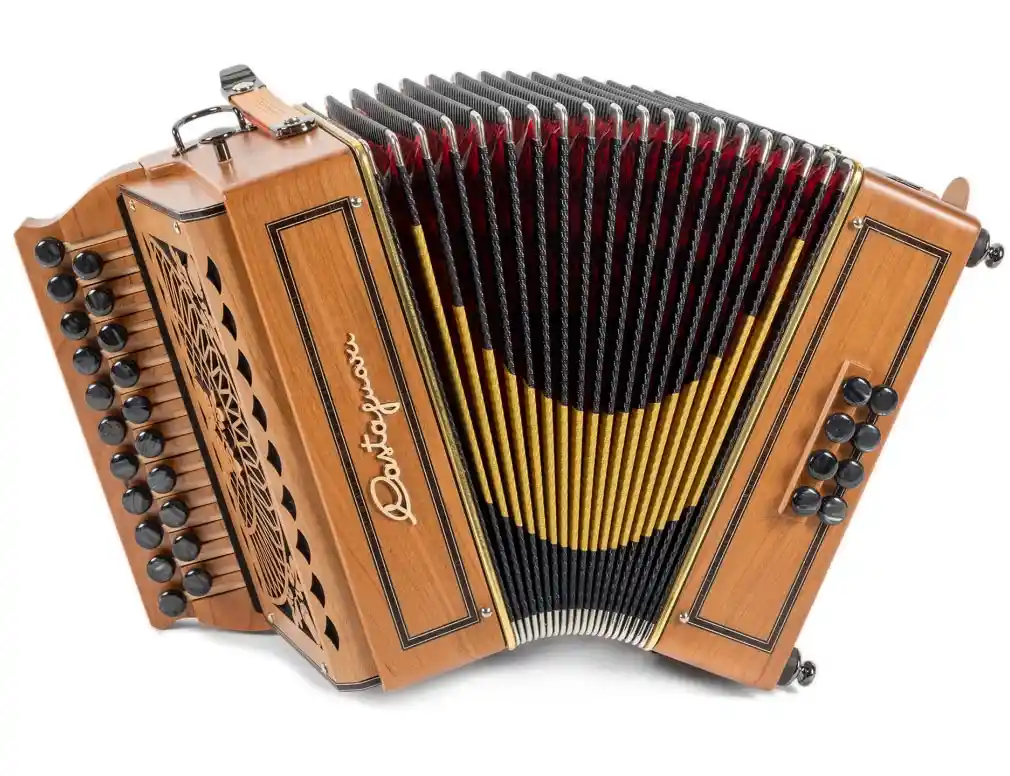 a high-quality, wooden accordion with black buttons and red-and-gold bellows is shown against a white background. The text…