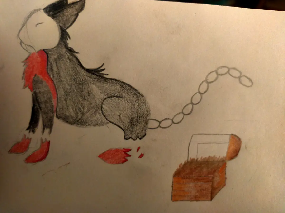 A hand-drawn sketch shows a cat-like creature with a black hat, red scarf, and red shoes, chained to an open treasure chest…