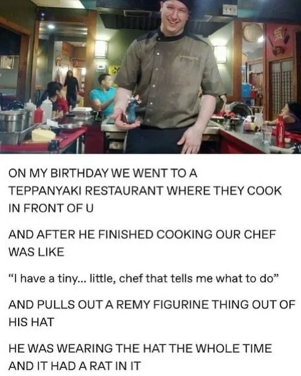 A smiling chef in a teppanyaki restaurant holds a small figurine while wearing a hat with a rat inside. The overlaid text…