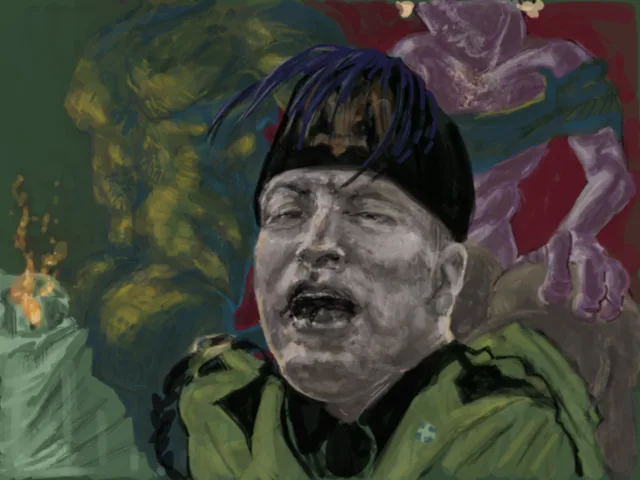A painted portrait of a man in a military-style uniform and cap, mouth open as if shouting or screaming, with abstract…