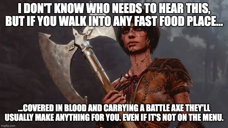 A video game character, covered in blood and holding a large battle axe, stares intensely at the viewer. The overlaid text…