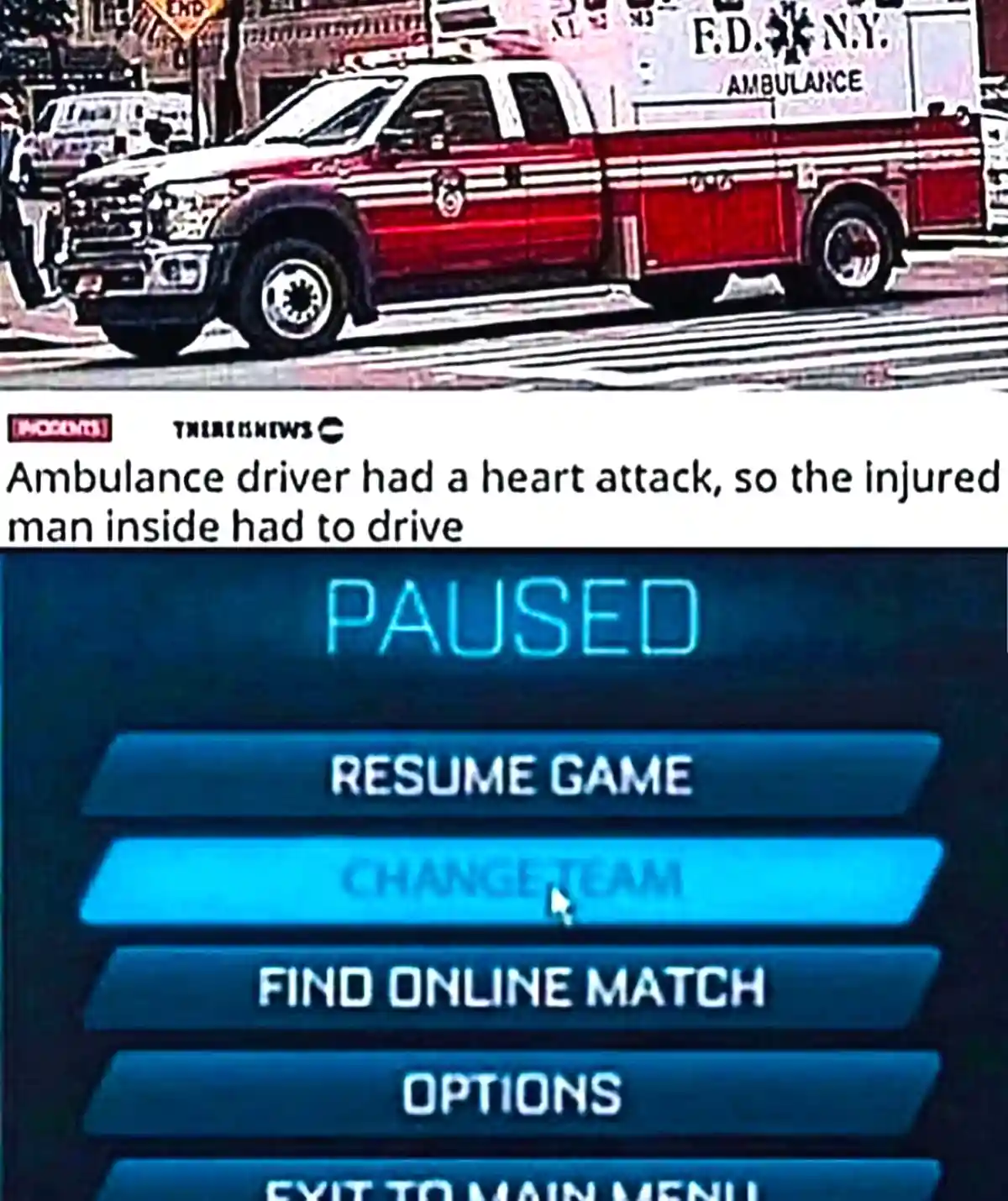 The image shows a red FDNY ambulance parked on a city street, overlaid with a news headline from 'THE REAL NEWS' reporting…