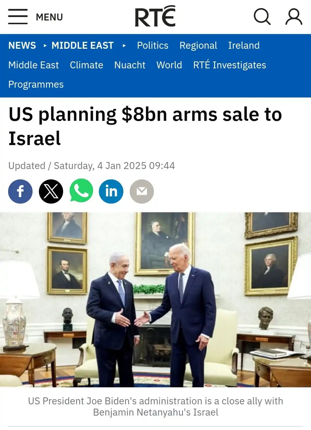 A screenshot of an RTE news article header showing a photo of US President Joe Biden and Israeli Prime Minister Benjamin…