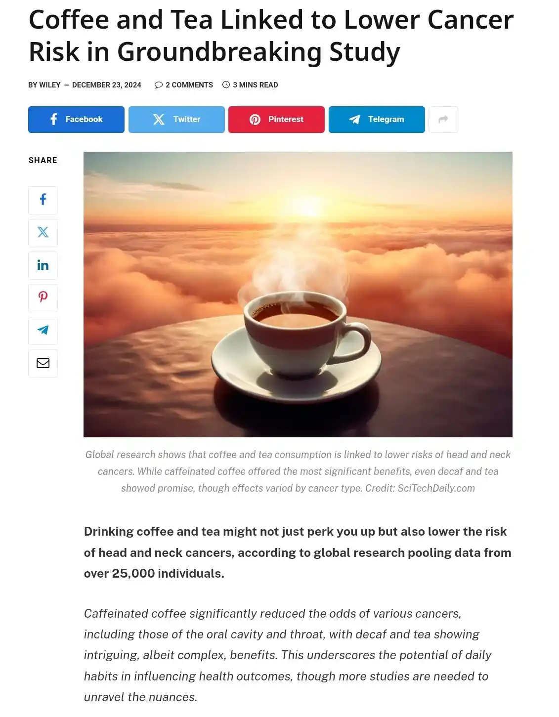 An article screenshot shows a steaming cup of coffee on a table against a sunset over clouds, with the headline 'Coffee and…