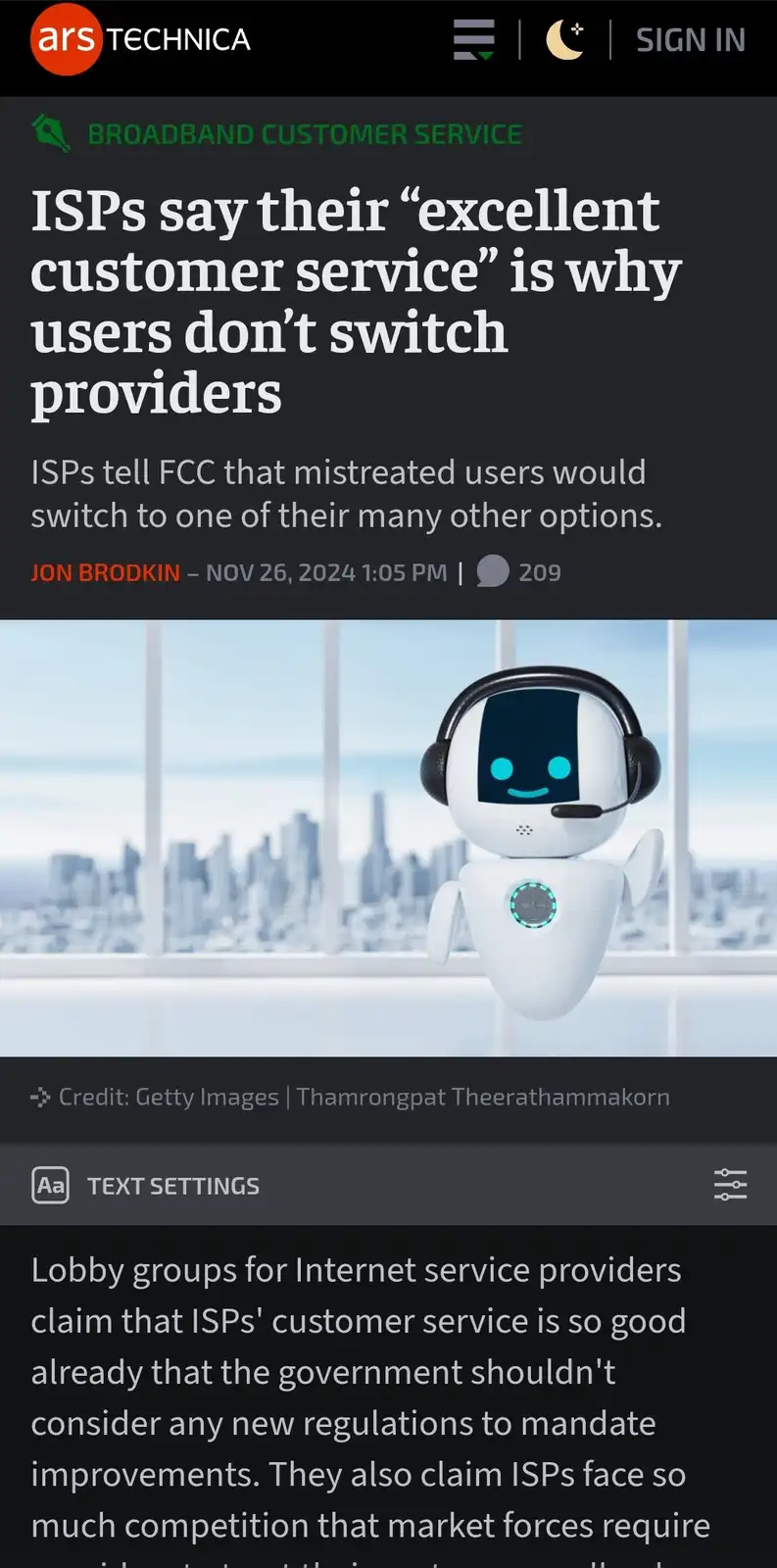 A screenshot of an Ars Technica article about ISPs claiming their customer service is why users stay, overlaid with a photo…
