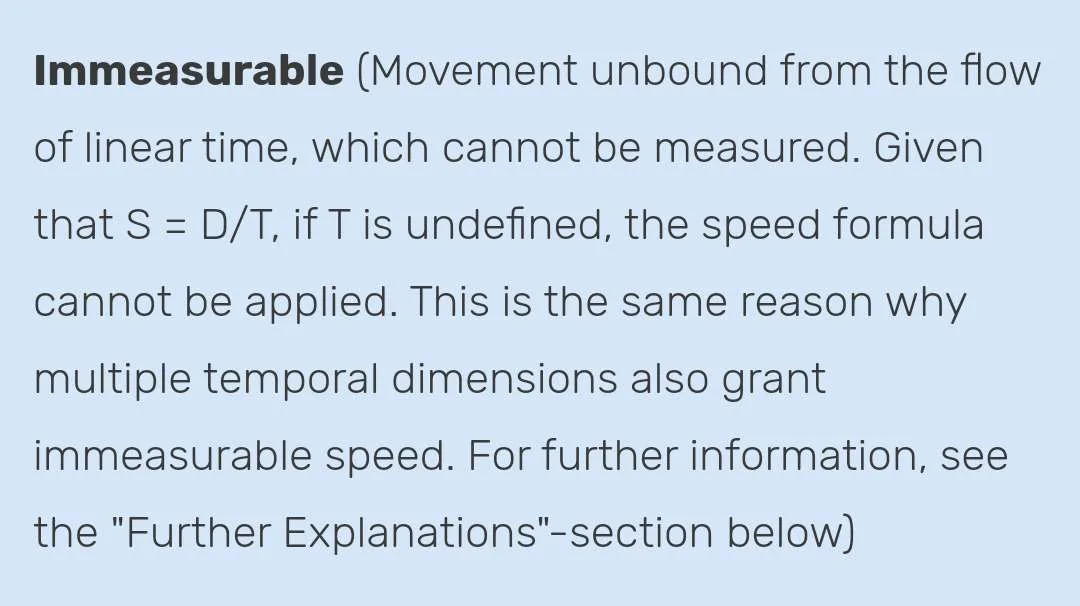 The image displays a block of text on a light blue background defining 'Immeasurable' as movement outside linear time, using…