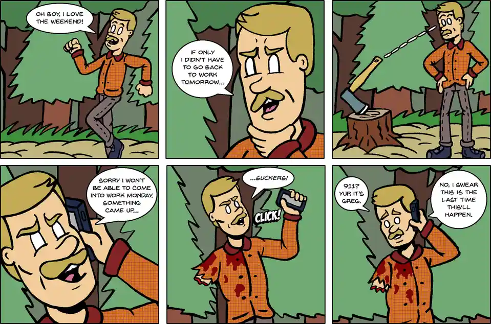 A six-panel comic strip shows a man in an orange shirt happily enjoying the weekend in a forest, then lamenting having to…
