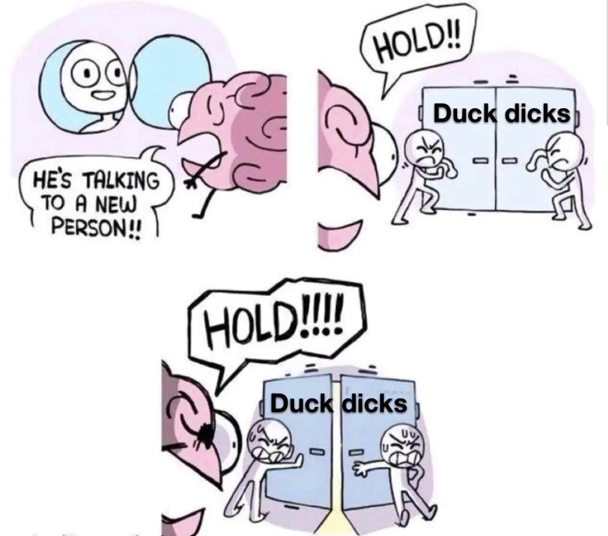 A three-panel comic strip shows a pink brain character excitedly exclaiming 'HE'S TALKING TO A NEW PERSON!!' as it observes…