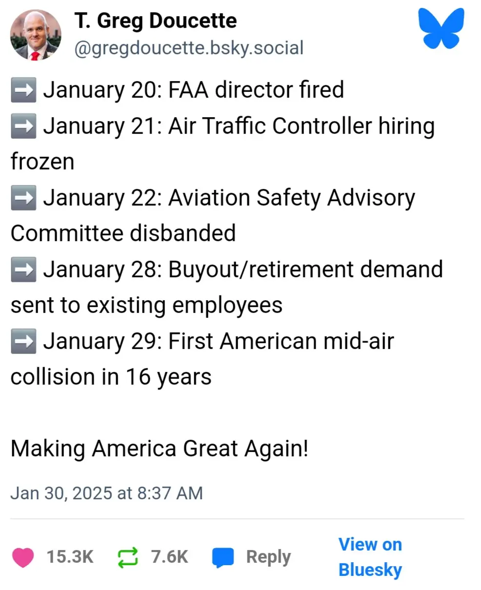 A Bluesky social media post by T. Greg Doucette lists a series of aviation-related events from January 20 to 29, 2025…