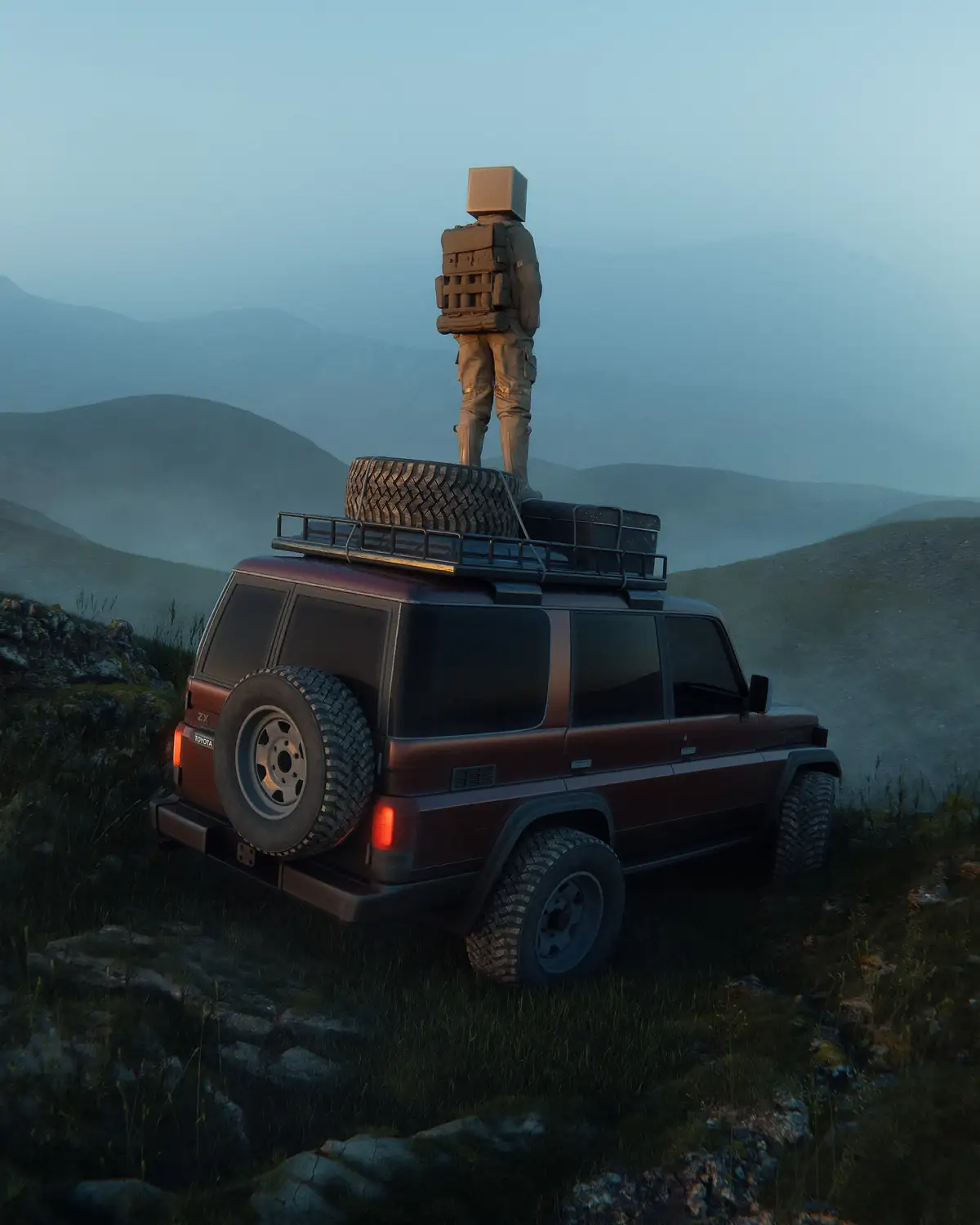 A red Toyota Land Cruiser is parked on a grassy mountain ridge with a large spare tire and gear on its roof rack. Standing…