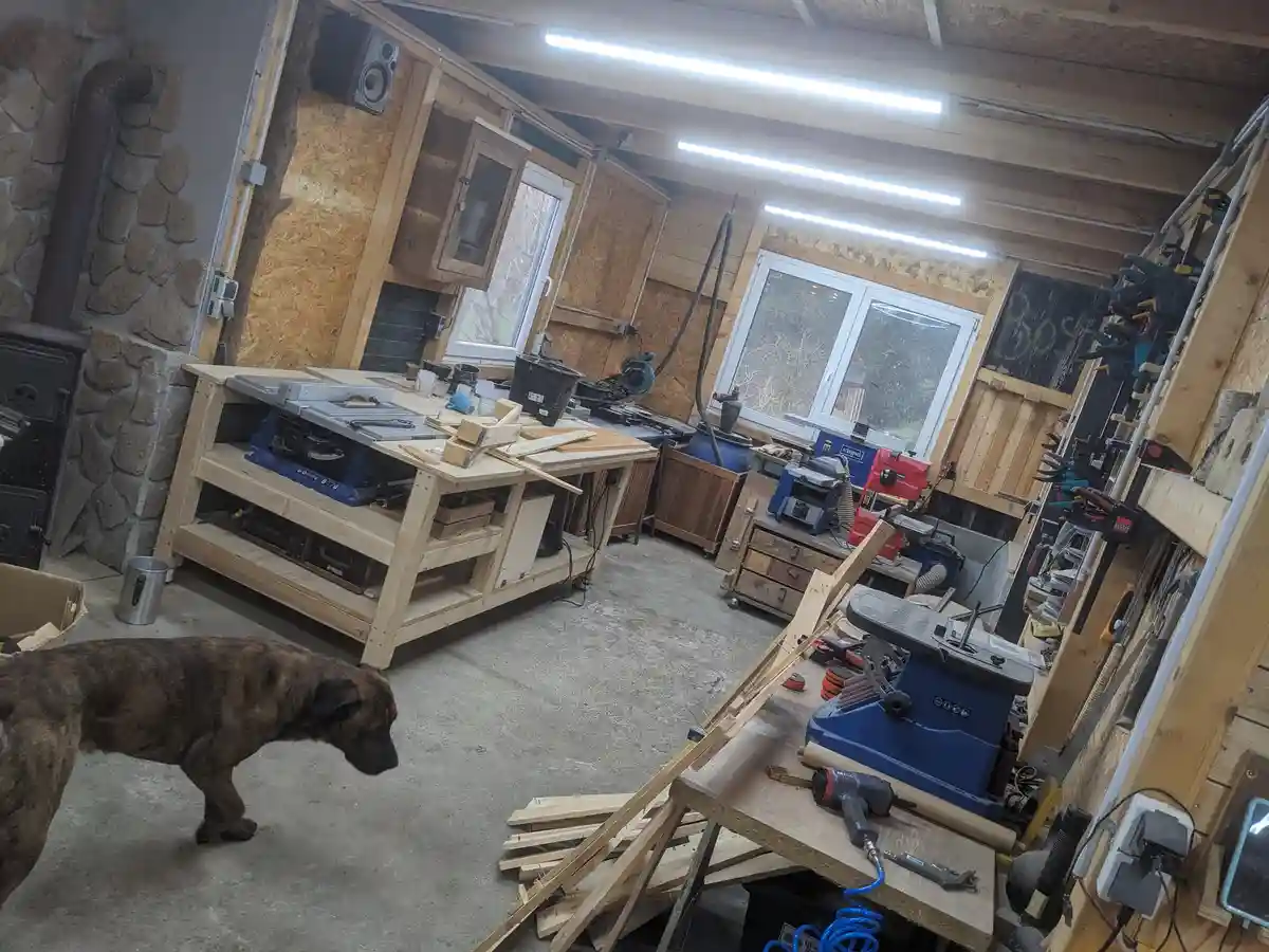 A brindle dog walks through a cluttered woodworking workshop filled with tools, sawhorses, wood scraps, and power tools like…