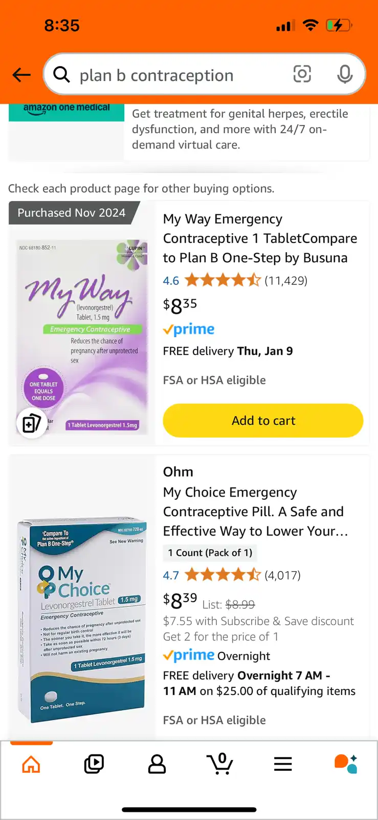 An Amazon search results page for 'plan b contraception' shows two emergency contraceptive products: 'My Way' priced at…