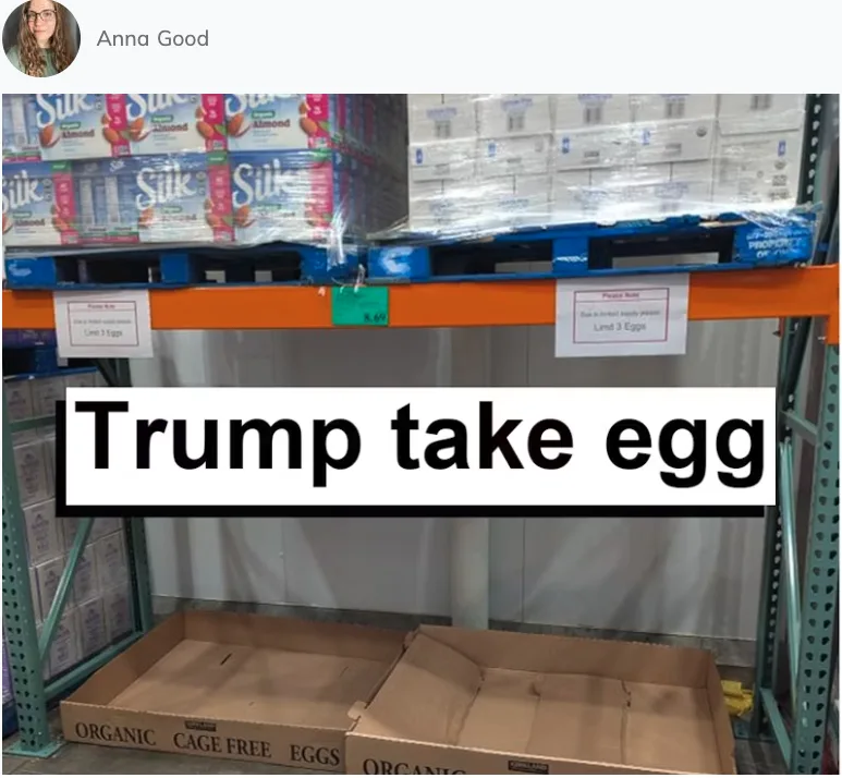 A photo of empty cardboard boxes labeled 'ORGANIC CAGE FREE EGGS' on a store shelf, with signs above reading 'Limit 3 Eggs'…