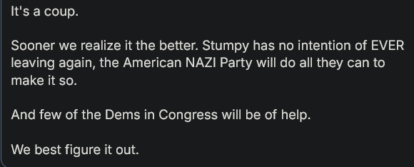 A black background with white text in a monospaced font, presenting a political commentary. The text reads: 'It's a coup…