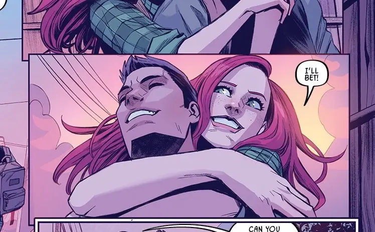 A comic panel shows a man and woman embracing passionately, both with wide, excited smiles. The woman has long pink hair and…