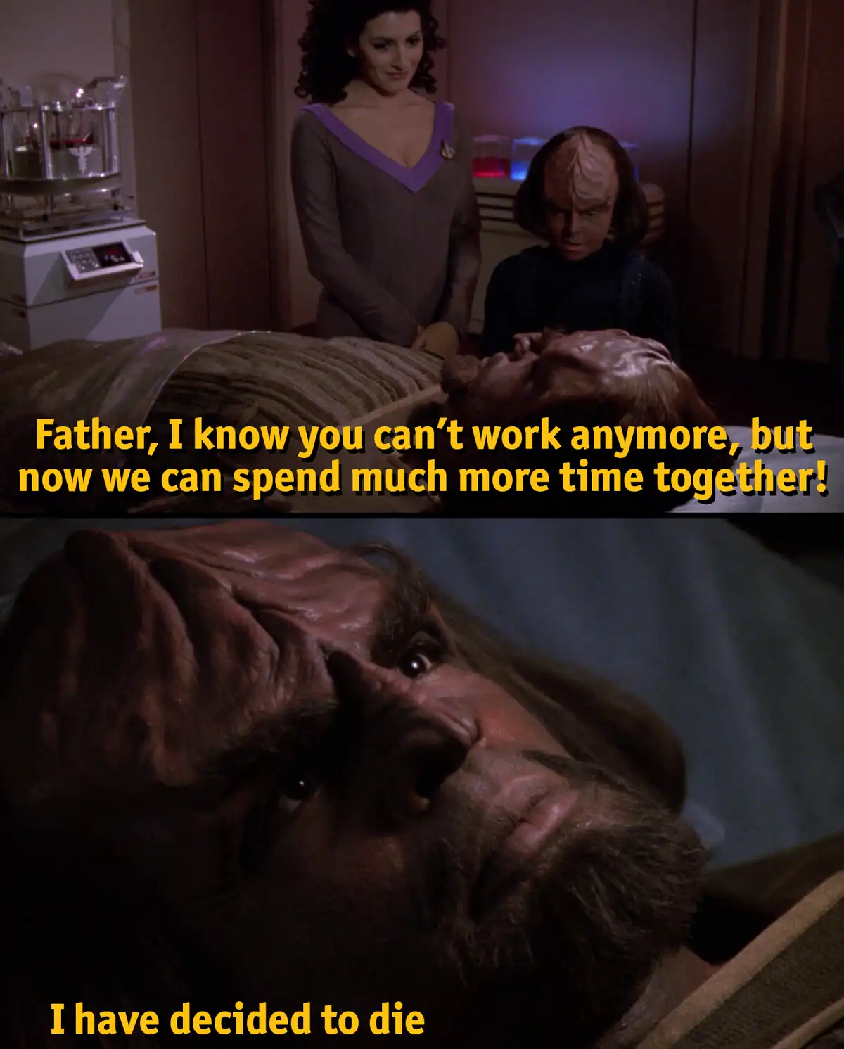 The image is a two-panel meme from Star Trek: The Next Generation. The top panel shows a young woman and a Vulcan standing…
