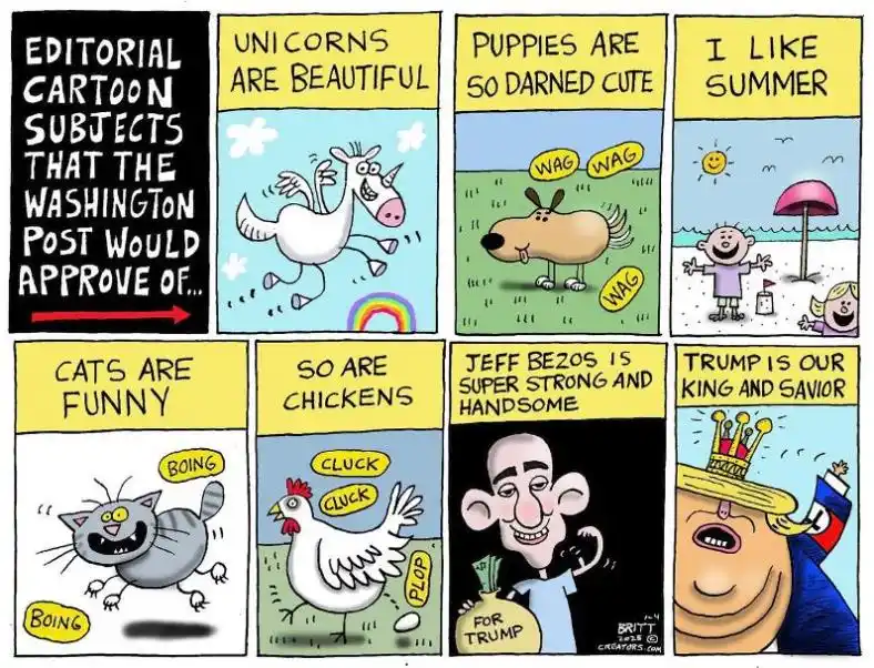 A comic strip grid showing eight cartoon panels with text overlays. The first panel lists 'EDITORIAL CARTOON SUBJECTS THAT…