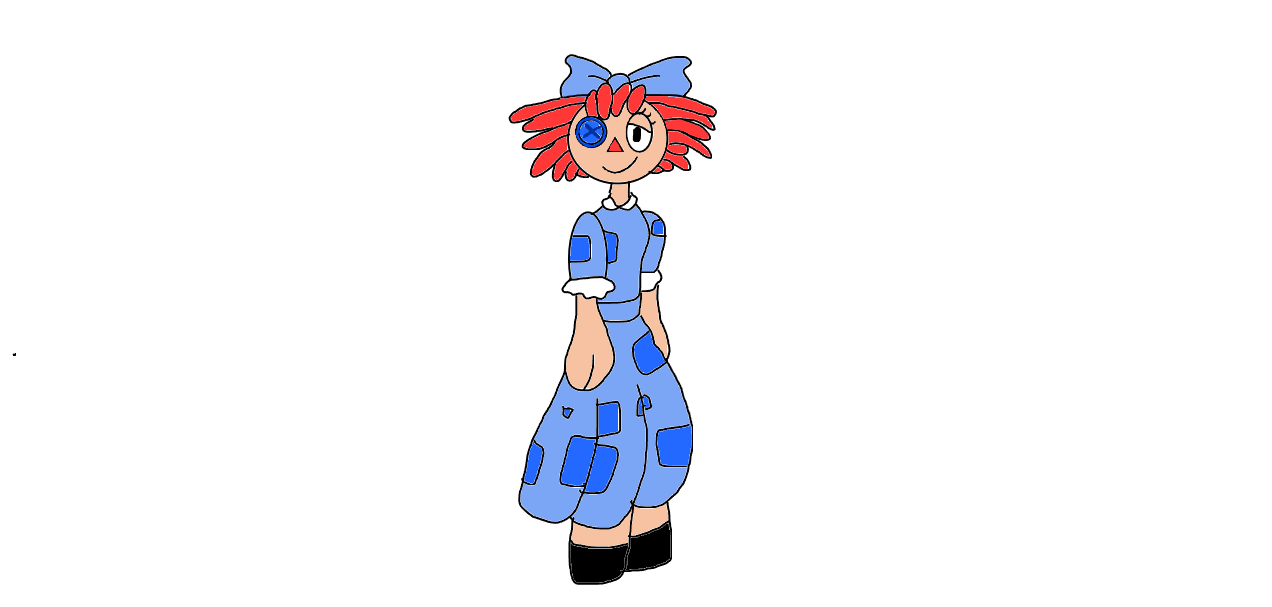 A crudely drawn cartoon girl with red hair, a blue bow, and a blue outfit with patches stands with one hand in her pocket…