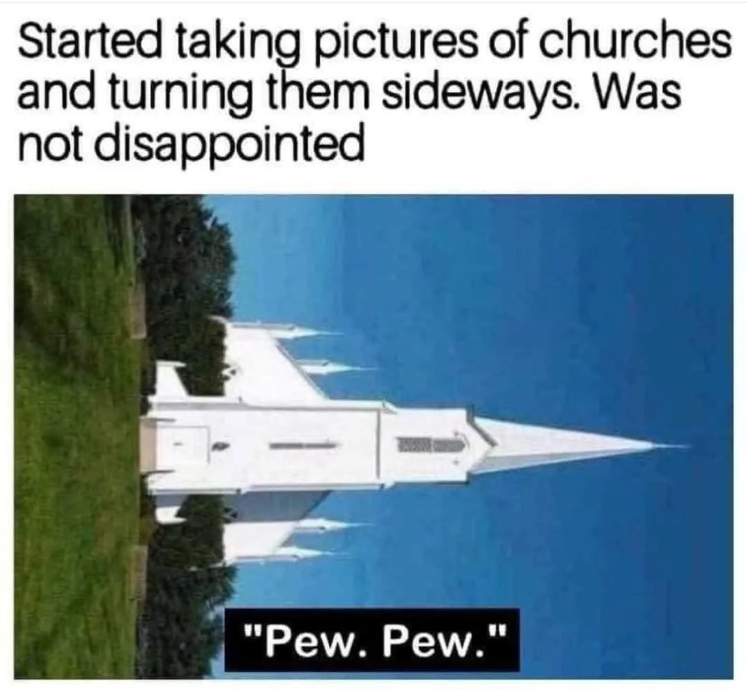 A sideways photograph of a white church building against a blue sky, making its steeple and roofline resemble the wings and…