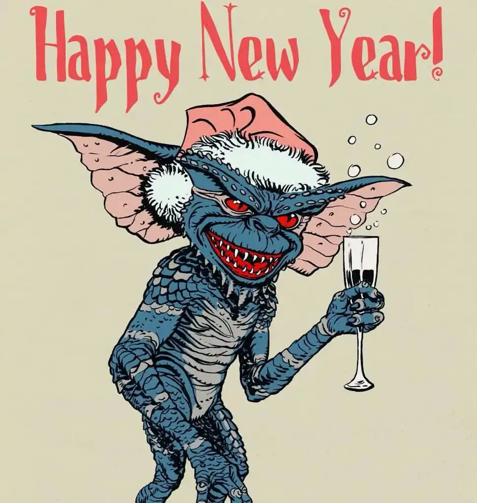 A cartoonish blue gremlin with large pointed ears, red eyes, and sharp teeth wears a red Santa hat with white trim and holds…