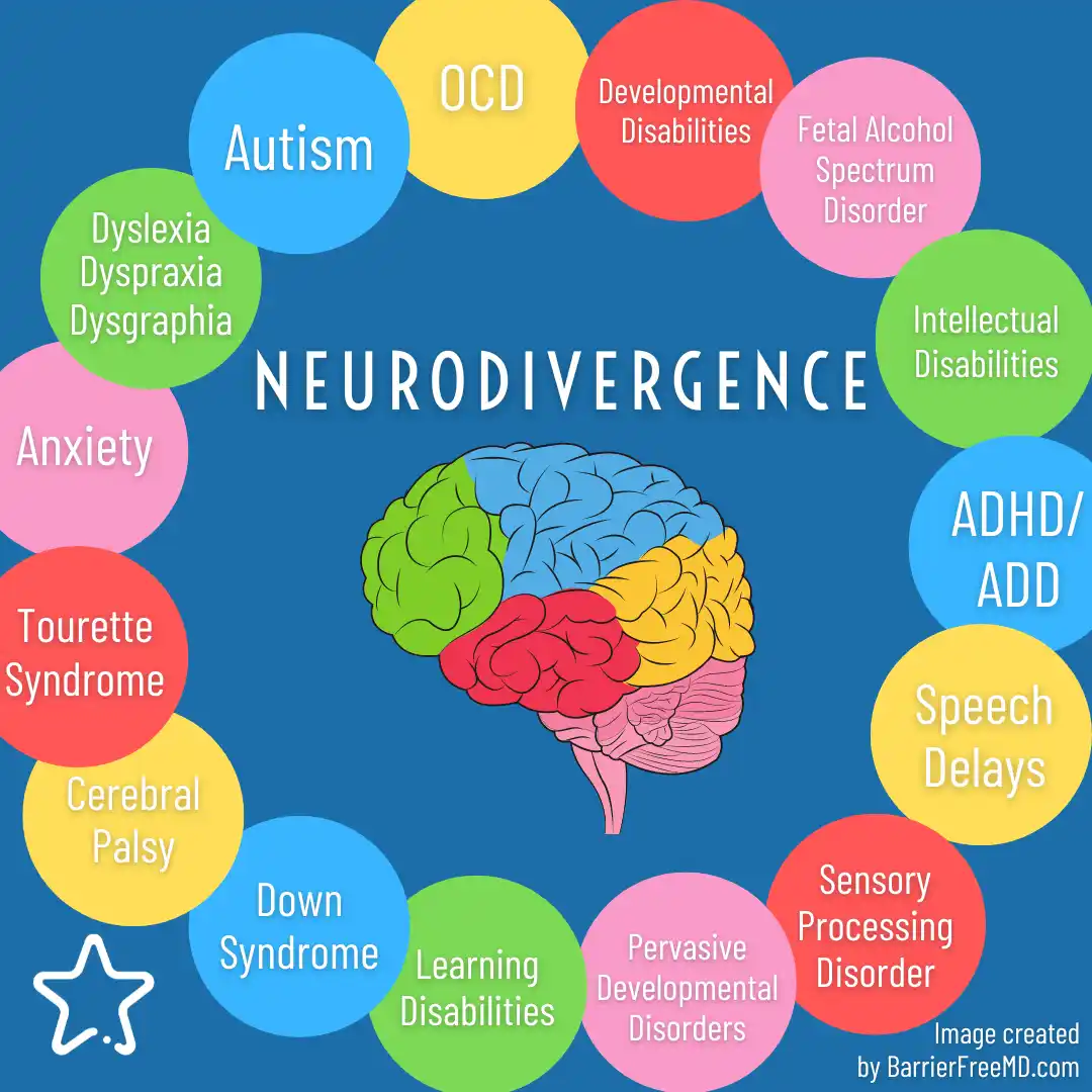 A diagram shows a stylized brain with colored sections surrounded by colorful circles listing various neurodivergent…