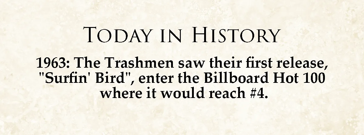 The image displays a beige textured background with black serif text. The top line reads 'TODAY IN HISTORY'. Below it, the…