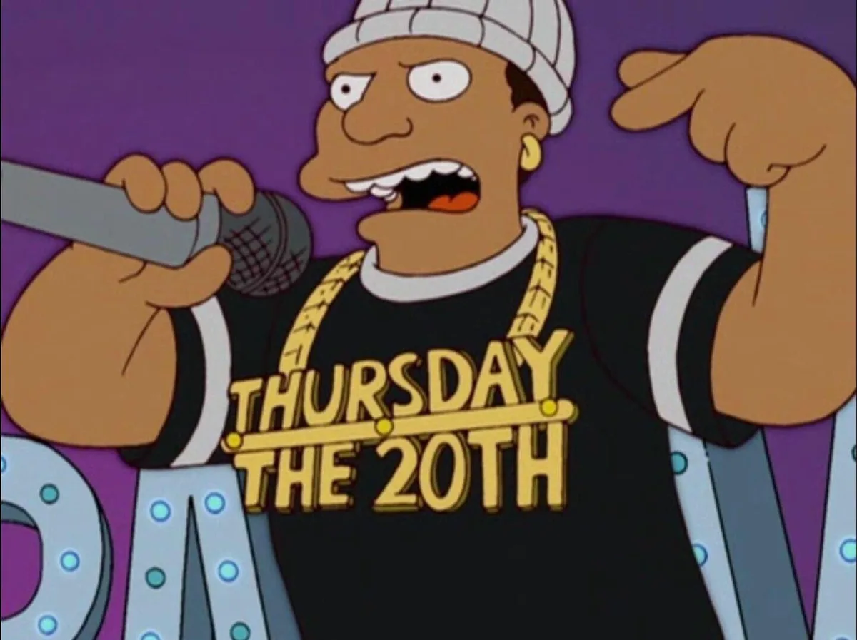 A cartoon character resembling a rapper, wearing a white beanie, gold chain, and a black t-shirt with 'THURSDAY THE 20TH' in…