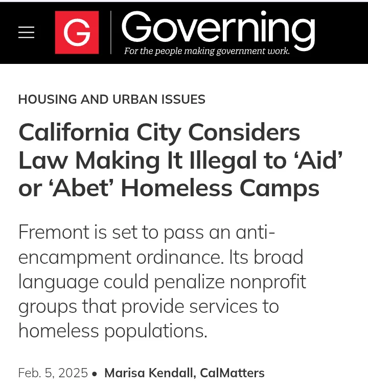 A screenshot of a Governing magazine article dated Feb. 5, 2025, with the headline 'California City Considers Law Making It…