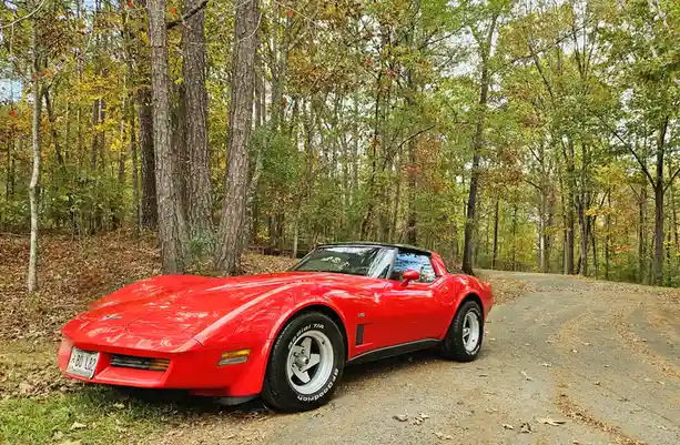 A red classic Chevrolet Corvette is parked on a gravel road surrounded by autumn trees with yellow and green leaves. The car…