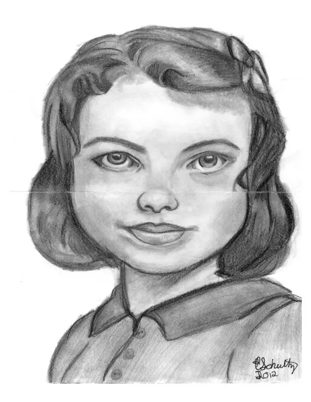 A pencil sketch of a young girl with wavy hair and a collared shirt, split horizontally by a thin line. The top half shows…