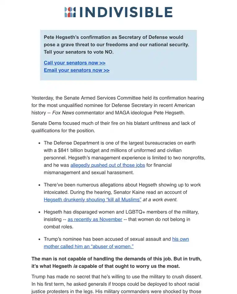 The image displays a political advocacy email from 'INDIVISIBLE' criticizing Pete Hegseth's nomination for Secretary of…