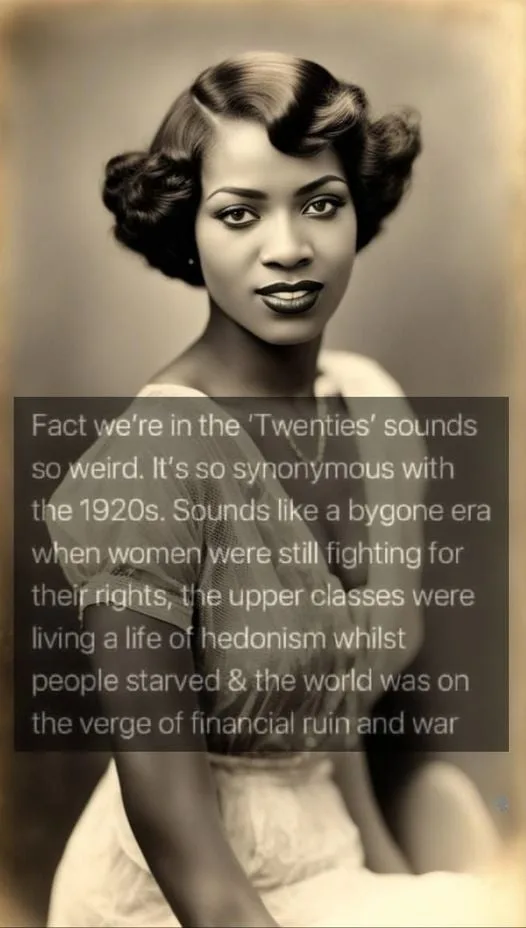 A sepia-toned vintage portrait of a Black woman with elegant 1920s-style curled hair and a poised expression. A…