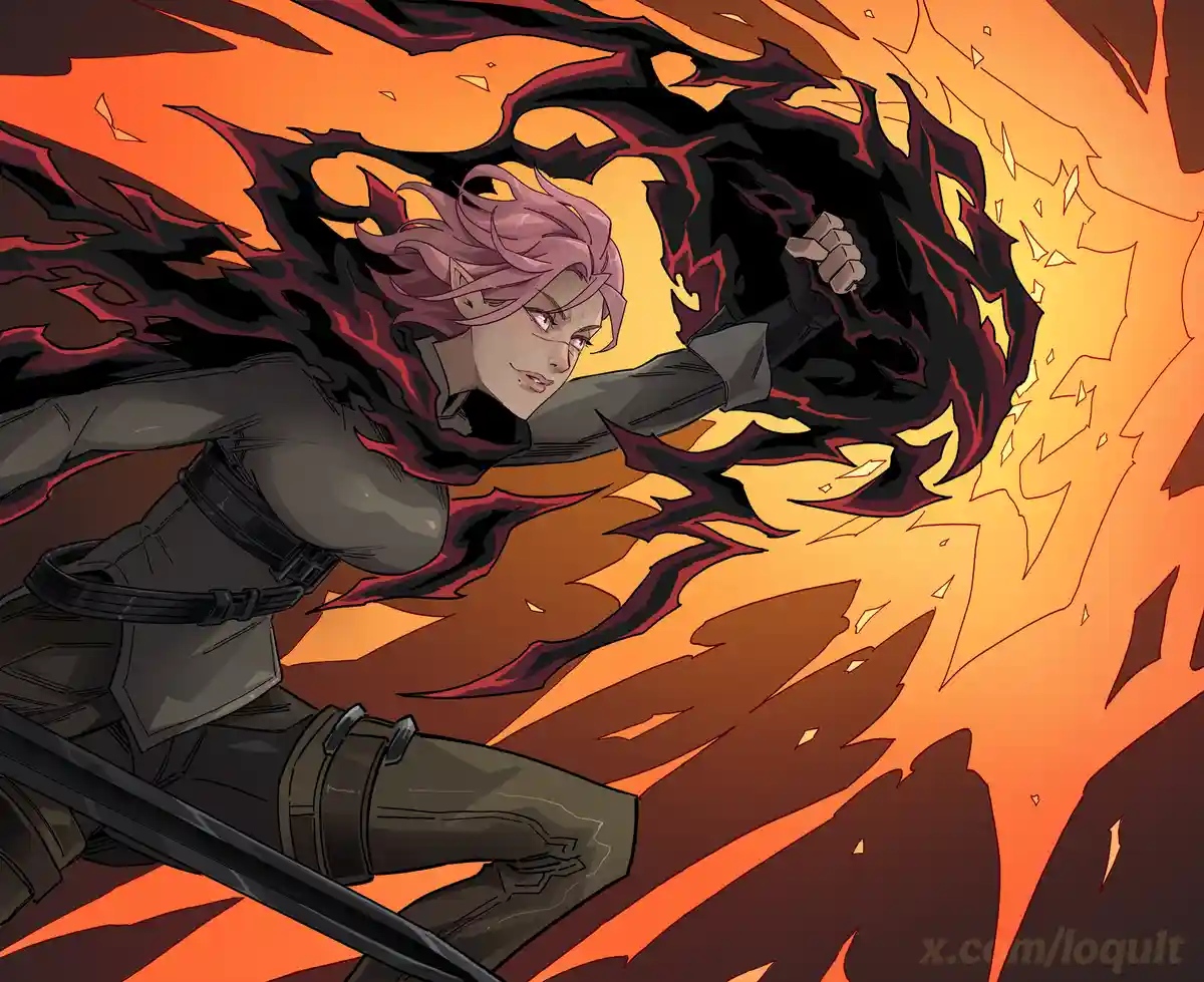 An anime-style illustration shows a character with pink hair and dark armor, surrounded by fiery orange and black energy…