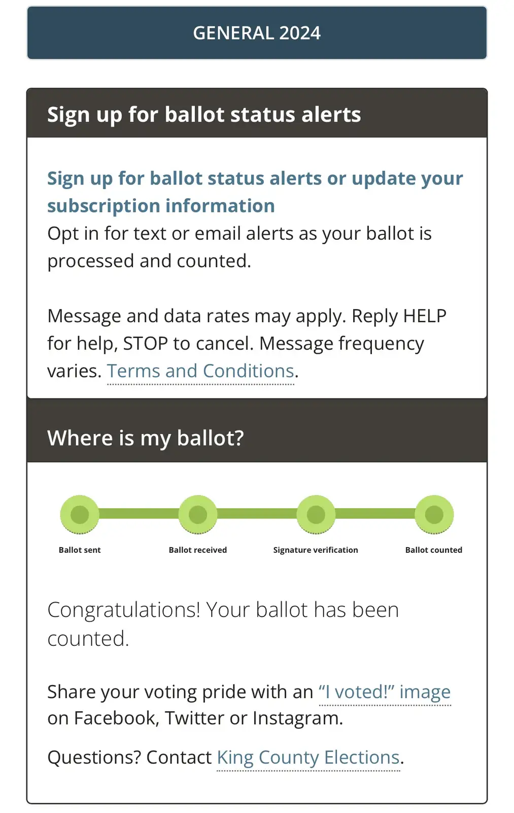 An image of a King County Elections webpage for the 2024 general election, showing a ballot status tracker with four steps…